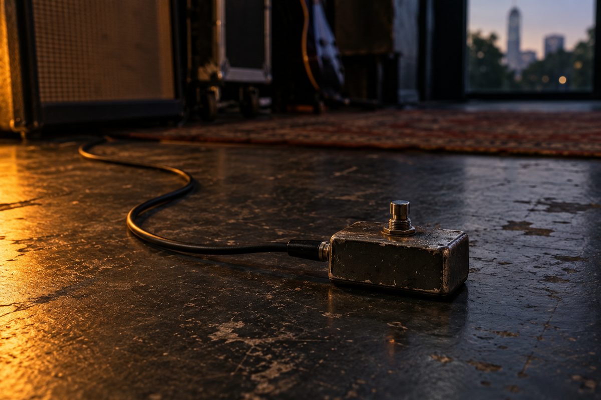 A footswitch and cable on a scuffed dark floor