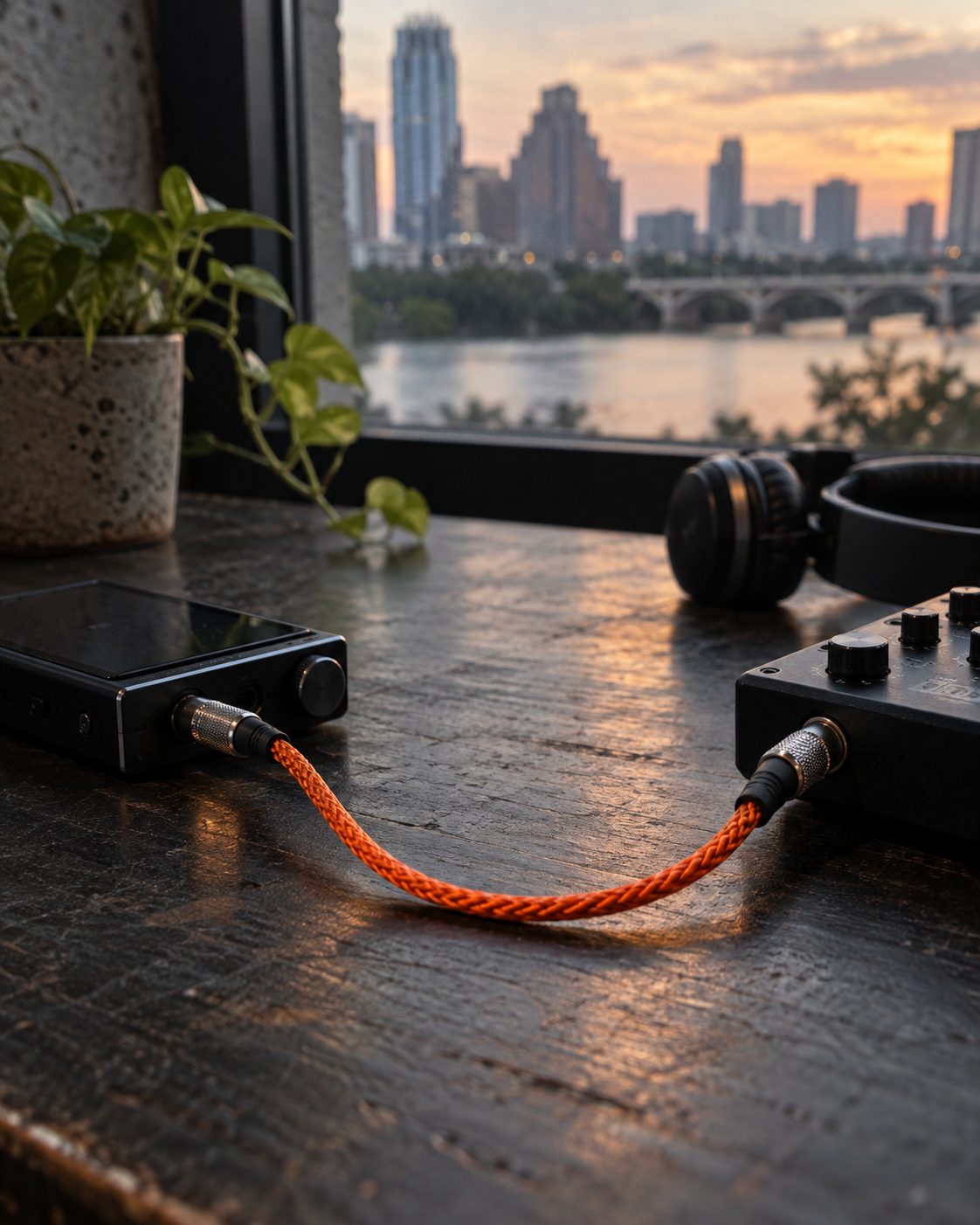 An audio cable linking two compact music devices