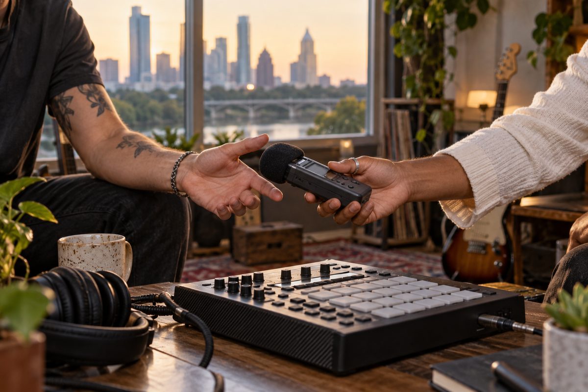 Hands passing a field recorder across a sampler