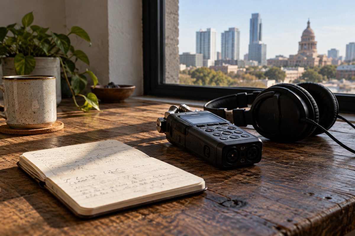 A paper ledger beside a recorder and headphones