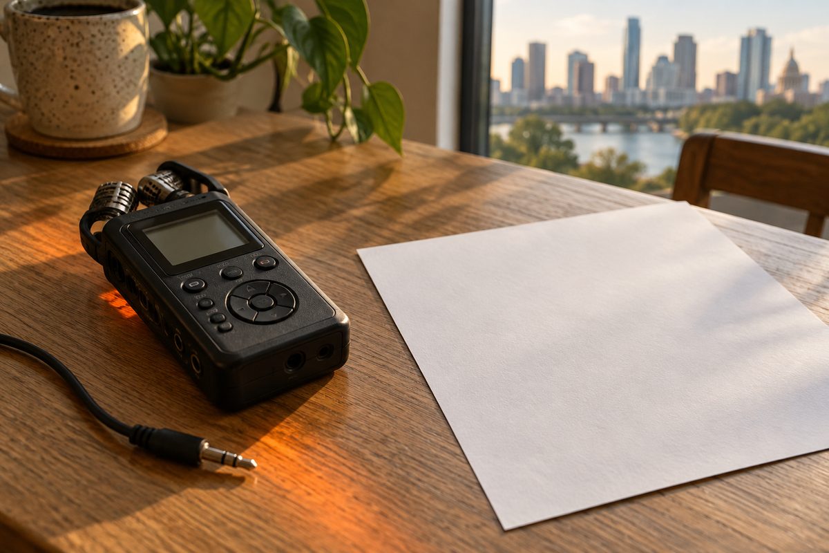 A portable recorder and blank paper on an oat surface