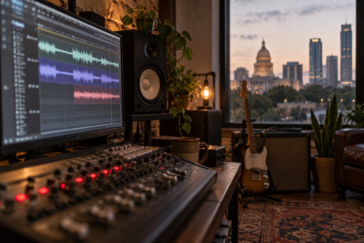 A soft waveform on a monitor beside an audio control surface