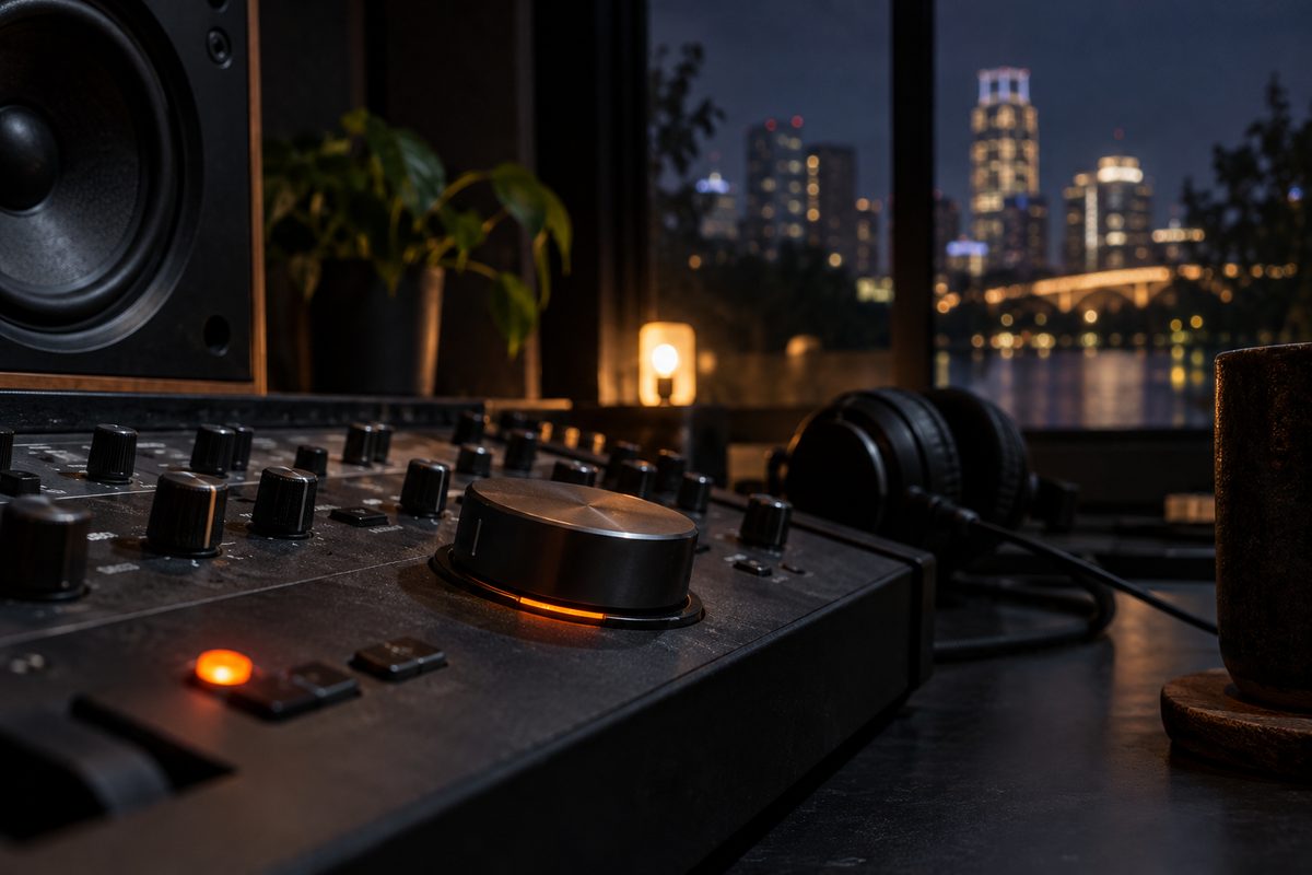 An audio control surface with a few status lights