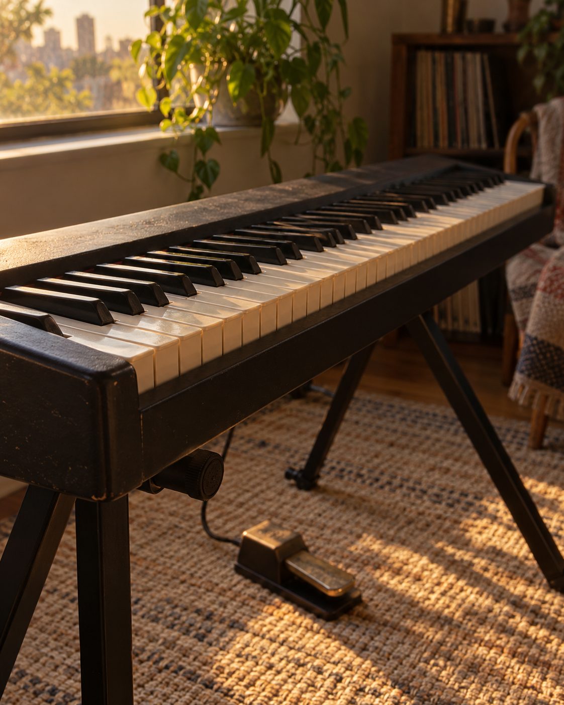 An electric keyboard above a sustain pedal in amber light