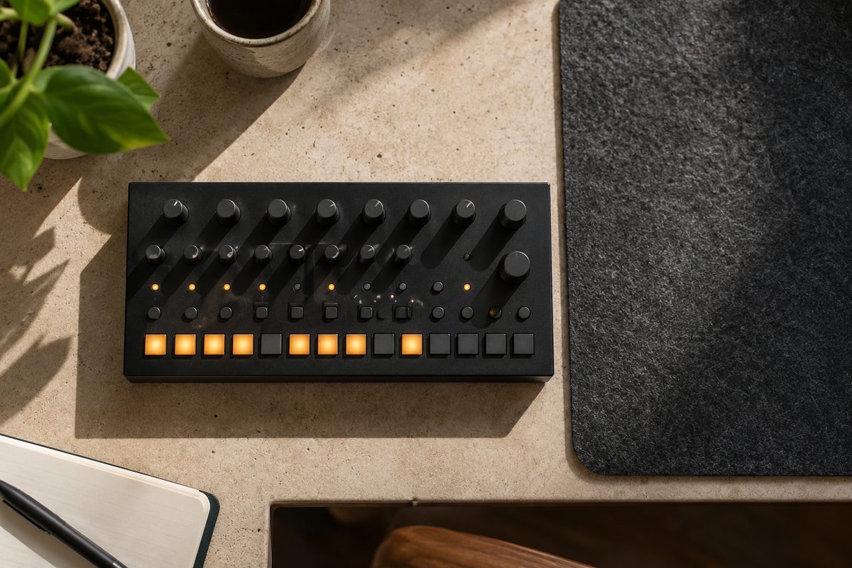Amber step buttons on a standalone sequencer beside a felt mat